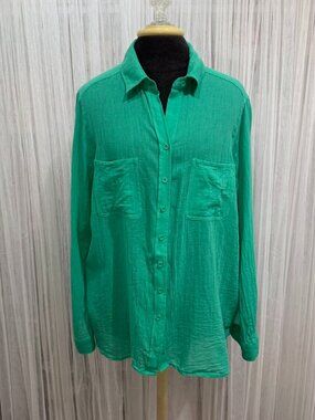 Seafolly Australia Green Button Front Shirt Womens Large 100% Cotton Gauze Beach
